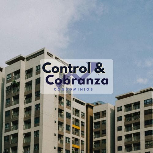 Logo de Control & Cobranza sobre fondo de edificios residenciales en Chile, representando los servicios de cobranza de gastos comunes y asesoría legal para condominios